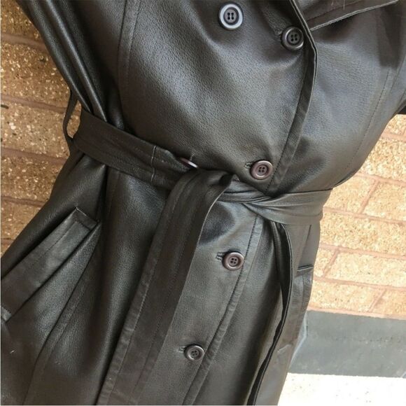 Y2K Long Leather Black Belted Jacket Rare Hoodie Trench Coat M - Picture 11 of 15